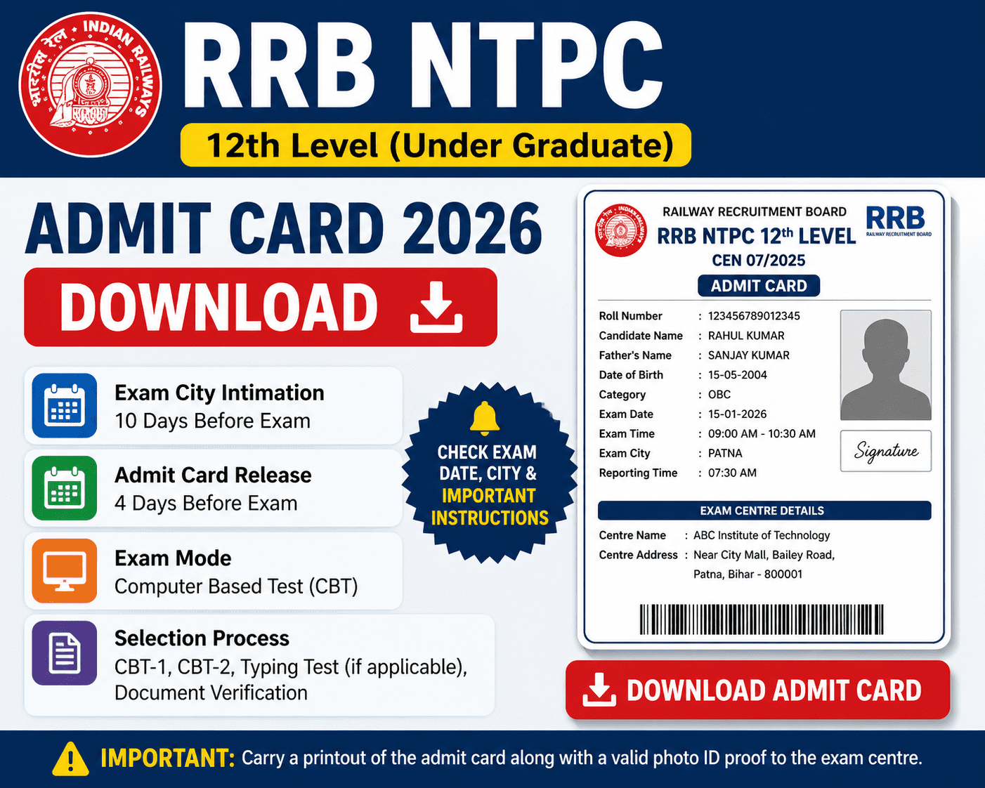 RRB NTPC 12th Level Admit Card 2026 Download